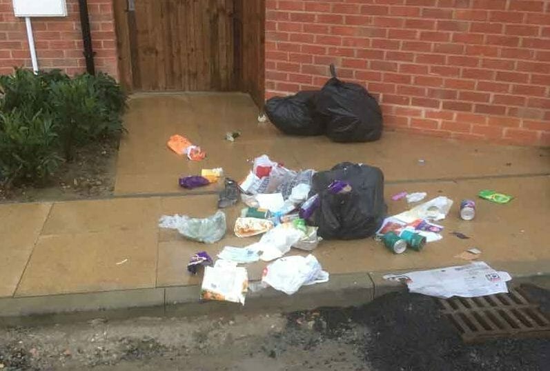 Litter in front of a home caused by a fox infestation in Tonbridge, Kent