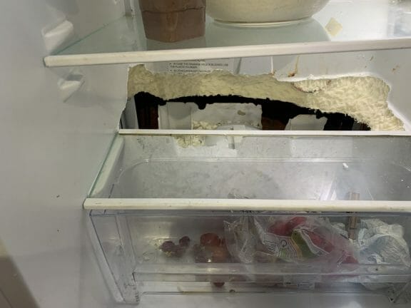 fridge with excessive damage caused by hungry rats, found at a home in maidstone